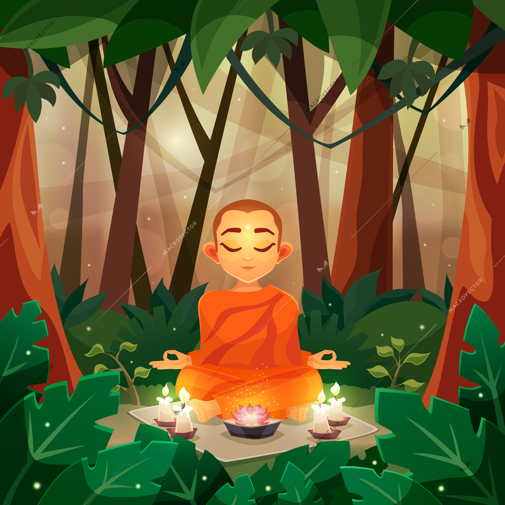 Color flat poster depicting buddha in forest with candle vector illustration