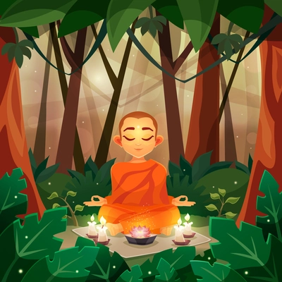 Color flat poster depicting buddha in forest with candle vector illustration