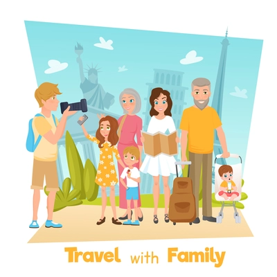 Happy family with children travelling and taking photos with famous sights cartoon vector illustration