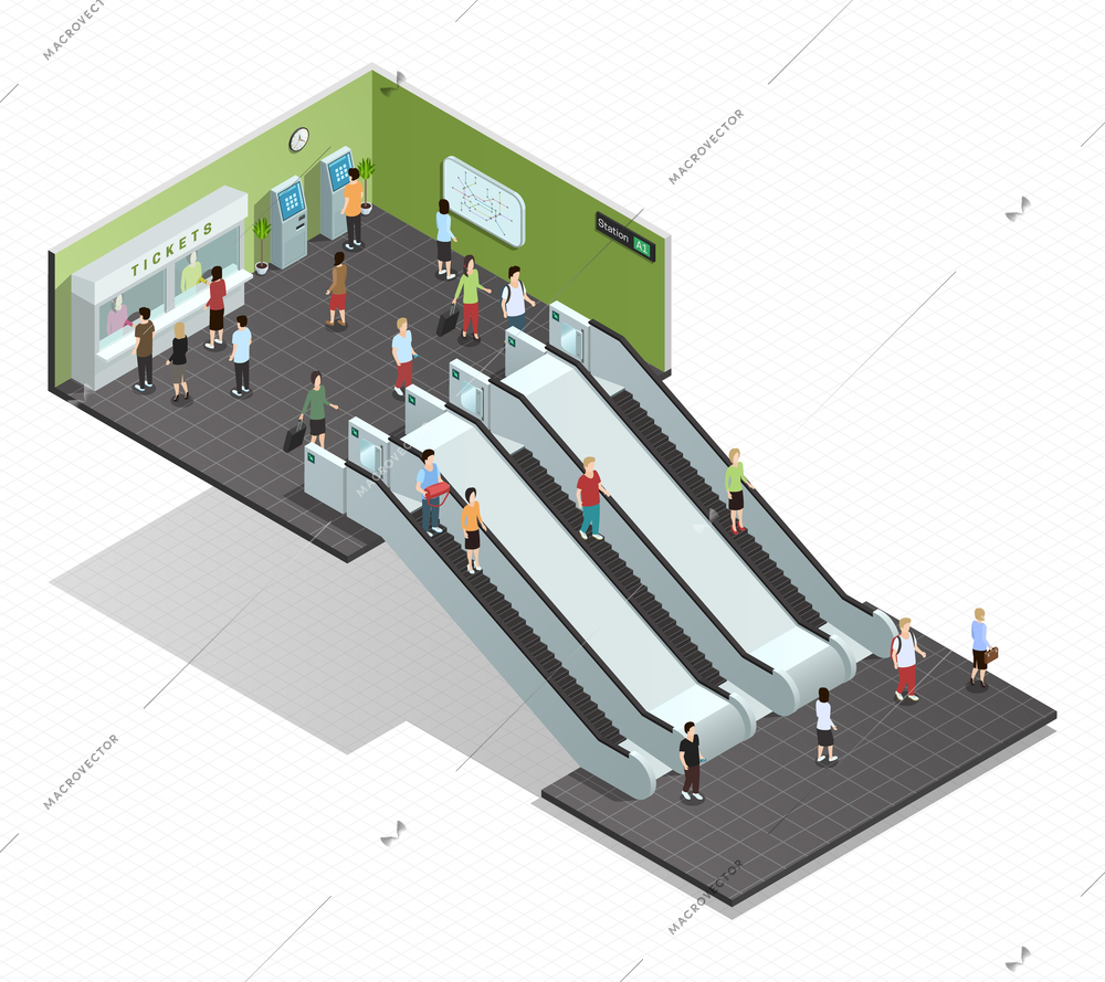 Color isometric composition depicting subway entrance underground stairs escalator vector illustration