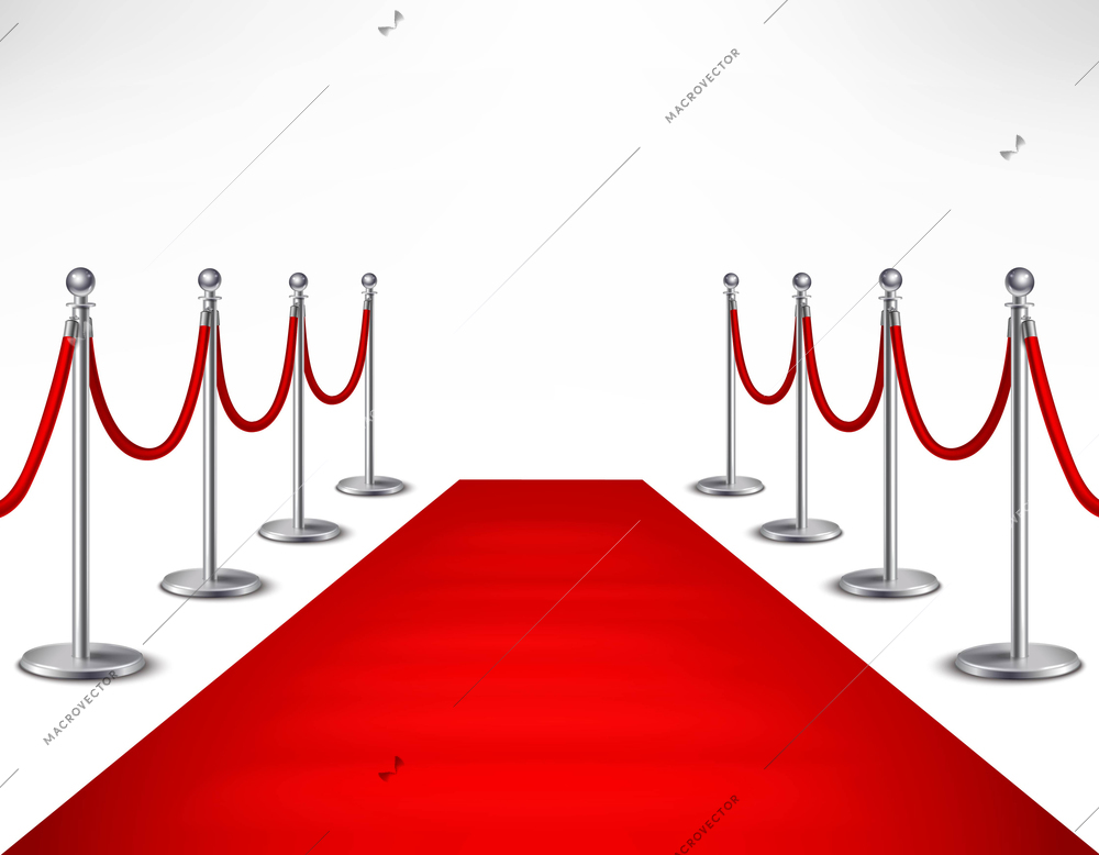 Red event carpet and silvery barriers on white background realistic vector illustration