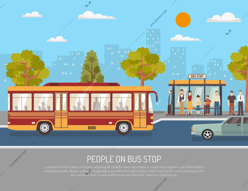 City public transport service flat poster with people waiting at bus stop shelter abstract vector illustration