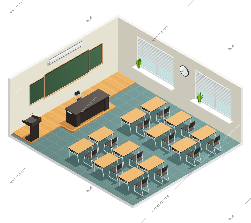 Lecture room with big chalk board desks massive black table for lecturer and tribune isometric poster vector illustration