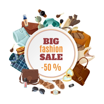 Big sale fashion poster with various fashionable male and female clothing accessories and shoes on white background flat vector illustration