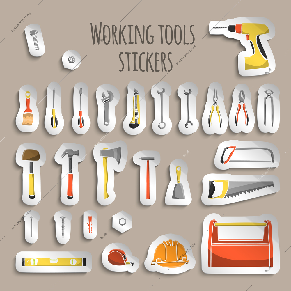 A collection of decorative construction or carpenter tool icons on stickers set illustration