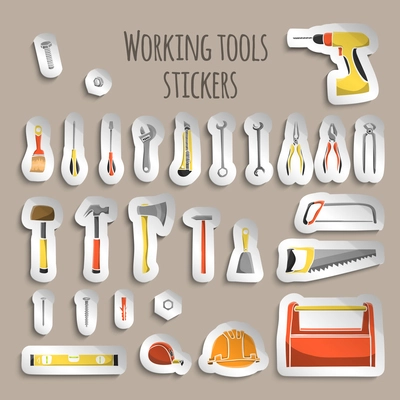 A collection of decorative construction or carpenter tool icons on stickers set illustration