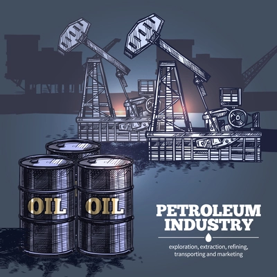 Oil industry hand drawn composition with barrels of petroleum in foreground and silhouettes of oil platforms in background vector illustration