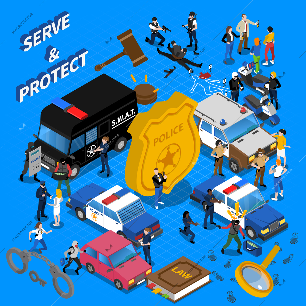 Color isometric composition all police services policeman car court vector illustration