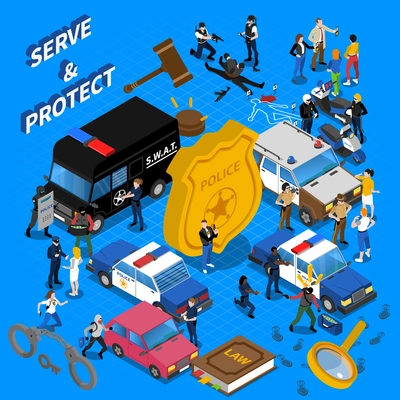 Color isometric composition all police services policeman car court vector illustration