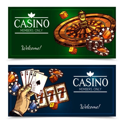 Colorful sketch casino advertising horizontal banners with invitation and greeting for members only vector illustration