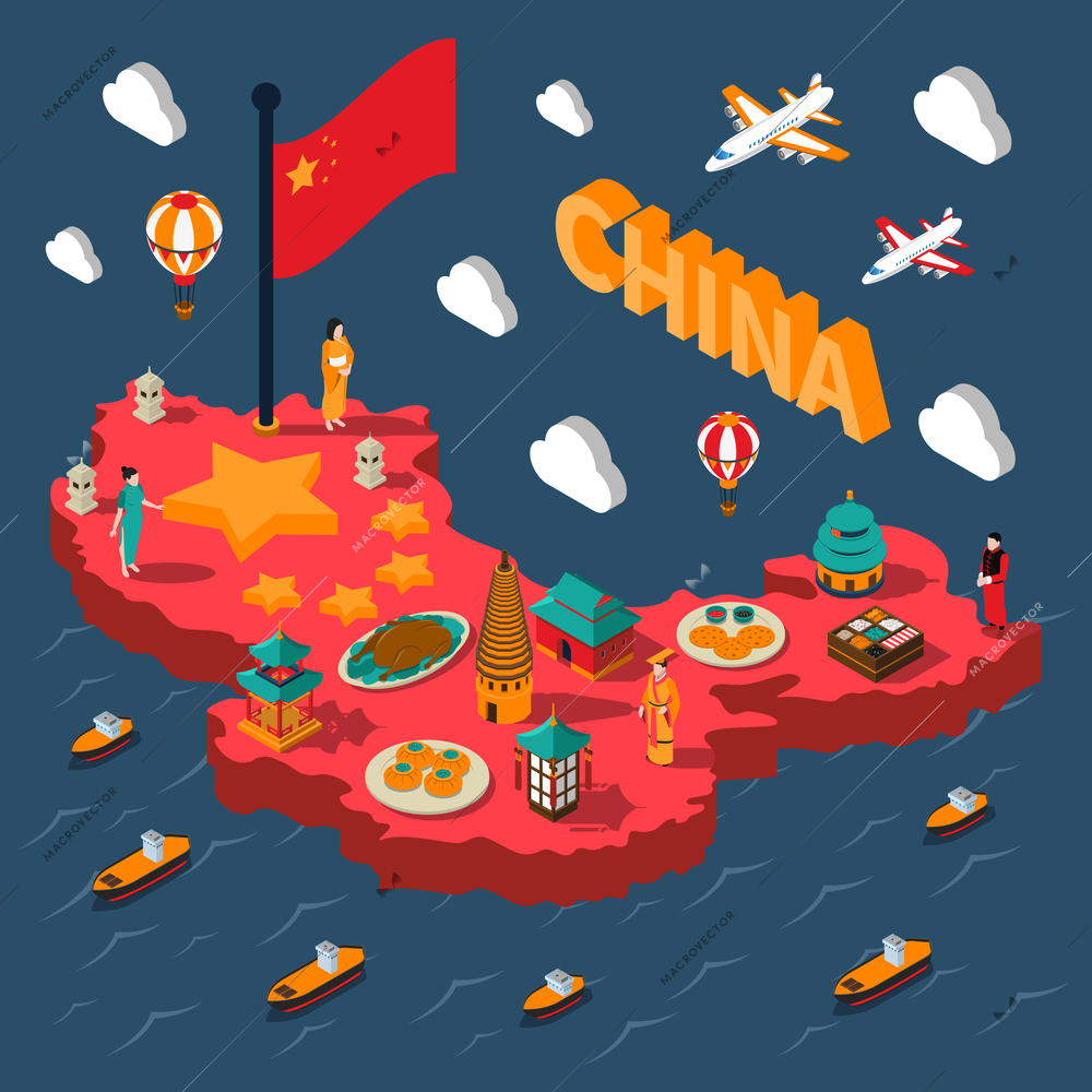 China touristic isometric map with colorful chinese culture elements on sea background vector illustration