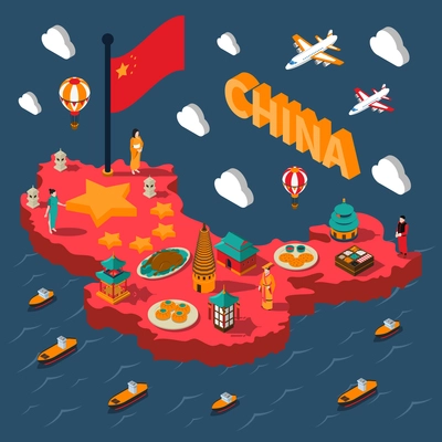 China touristic isometric map with colorful chinese culture elements on sea background vector illustration