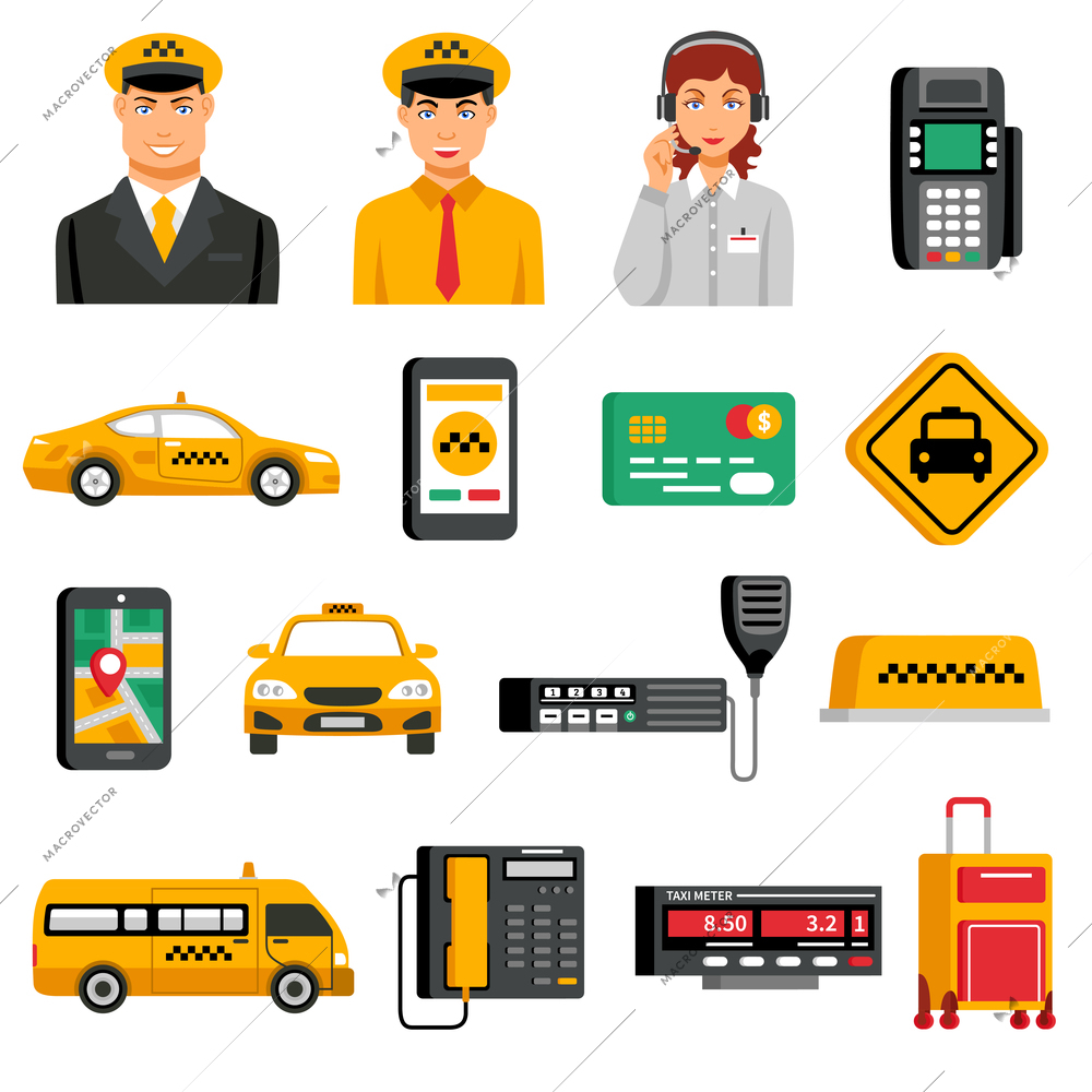 Taxi service icon set with equipment tools for operation of taxi and people workers in service vector illustration