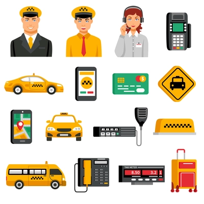 Taxi service icon set with equipment tools for operation of taxi and people workers in service vector illustration