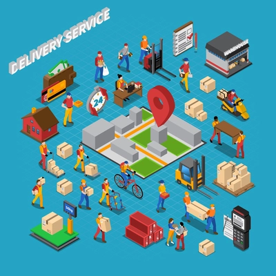 Delivery service concept isometric composition with warehouse cargo and people vector illustration