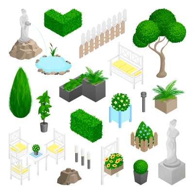 Garden park landscape isometric elements set with plants flowers furniture and statues isolated on white background vector illustration