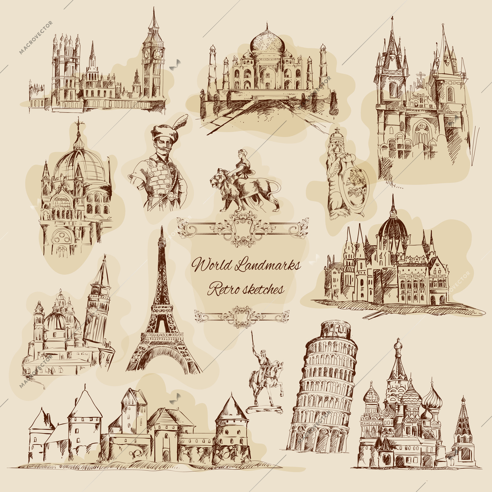 World landmarks sketch sepia graphics vintage icons set isolated vector illustration