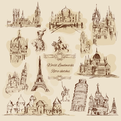 World landmarks sketch sepia graphics vintage icons set isolated vector illustration