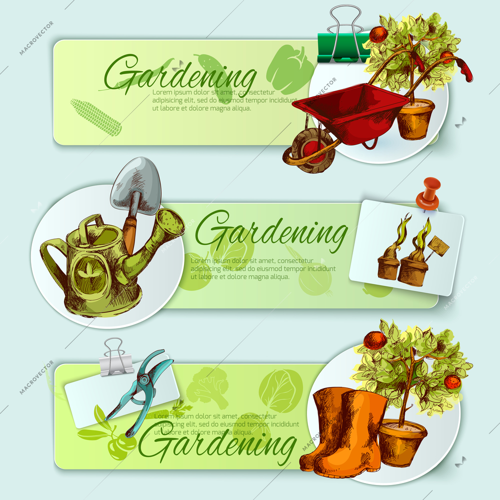 Gardening horizontal banner set with sketch farming elements isolated vector illustration