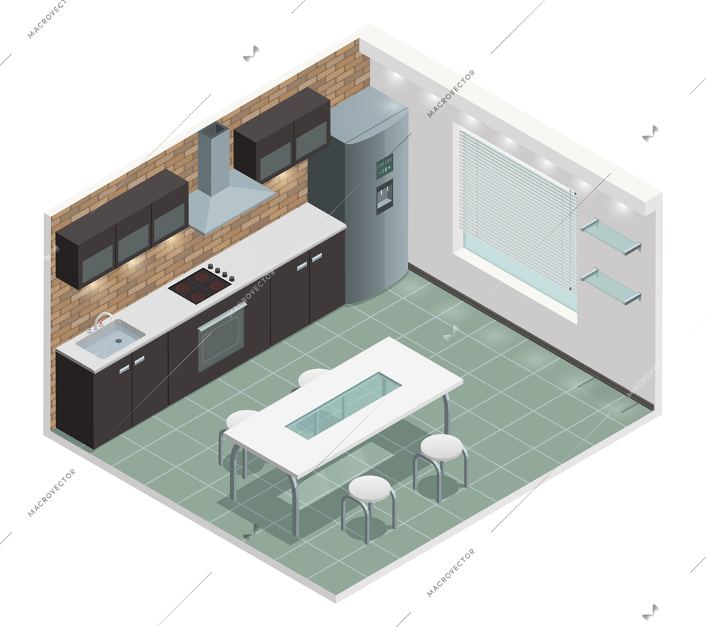 Modern family kitchen isometric view with counter built in oven and european style cabinets vector illustration