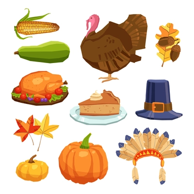 Thanksgiving day flat icons set with traditional holiday symbols isolated vector illustration