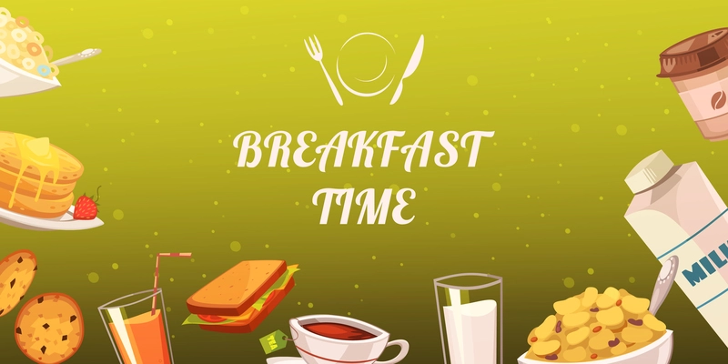 Set of snacks for breakfast on mustard background with drinks toasts flake cakes baked goods flat vector illustration