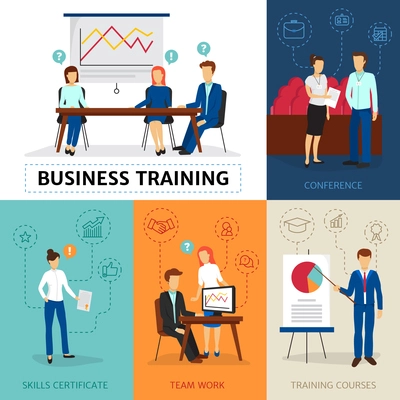 Certified business consulting program with training course conferences and workshops flat banners composition poster isolated vector illustration