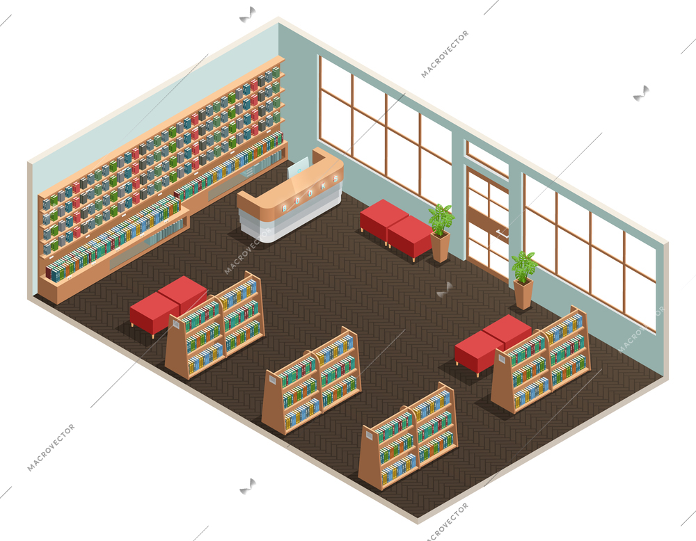 Color isometric design of library room with wall of books reception and ottoman vector illustration