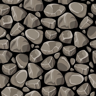 Rock and stone seamless pattern with gray smooth cobbles on black background flat vector illustration