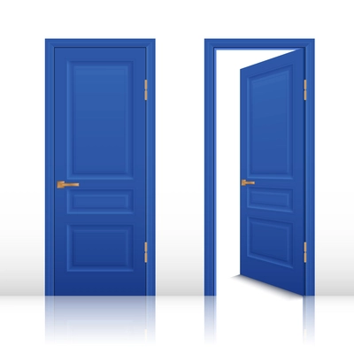 Blue house room open and closed doors with brown handles set isolated realistic vector illustration