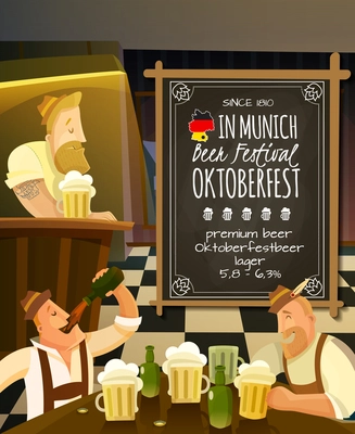 Octoberfest festival in pub cartoon background with beer and people vector illustration