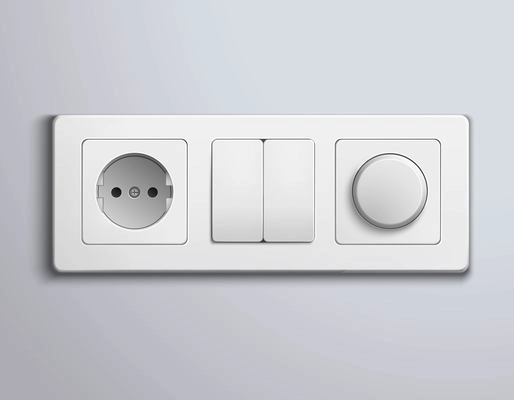 Realistic white plastic panel with socket and single round and double rectangular switches on grey wall vector illustration