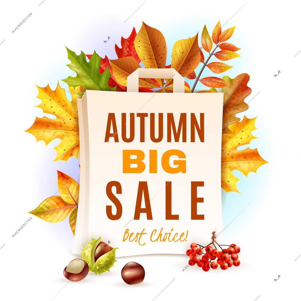 Autumn big sale and colorful fall leaves chestnuts and rowan behind bag flat vector illustration