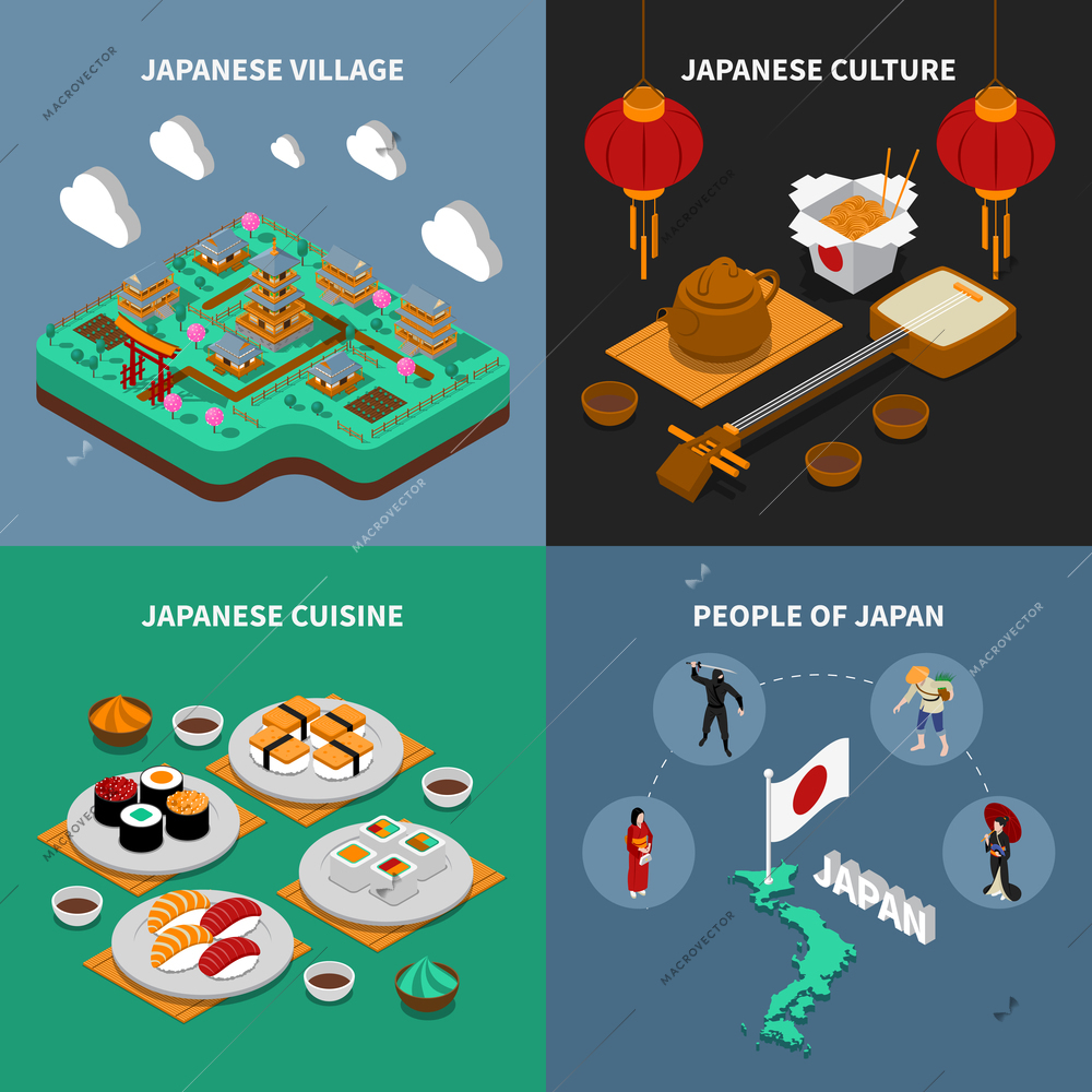 Colorful japan touristic isometric 2x2 icons set with japanese national cuisine culture people and village isolated vector illustration