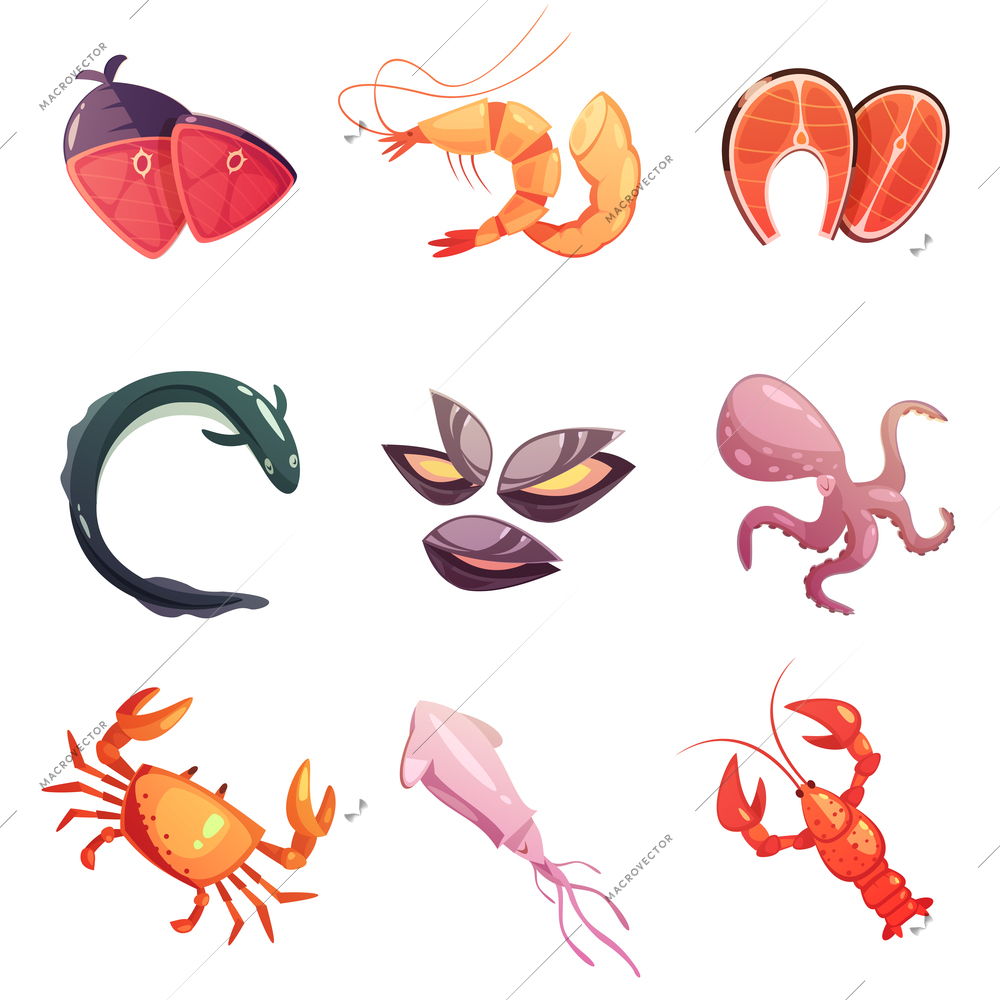 Colorful sea food retro cartoon flat icons set with shellfish octopus squid oyster eel and steaks isolated vector illustration