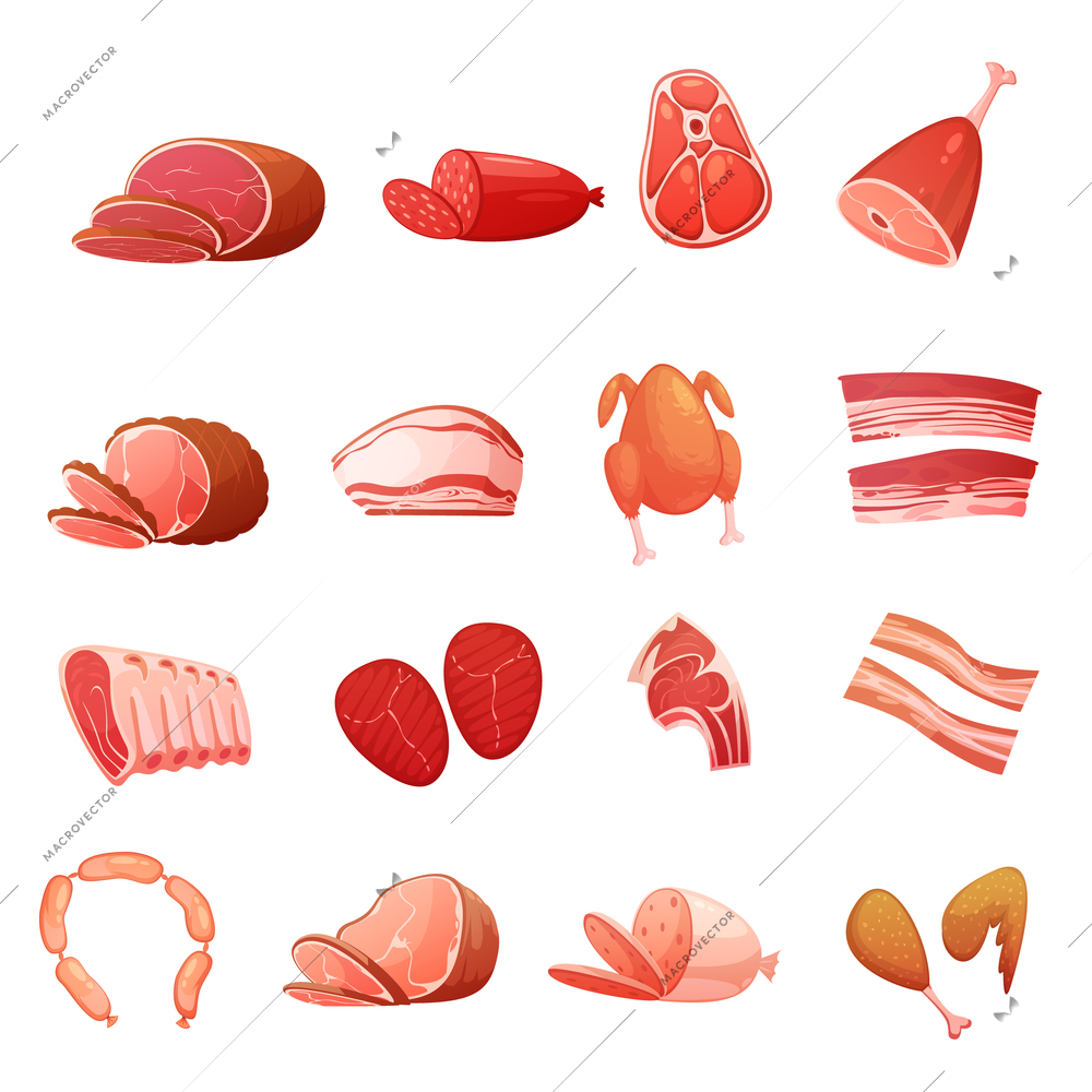 Meat icons set of gastronomic delicatessen with carbonate sausage frankfurters loin smoked fat isolated flat vector illustration