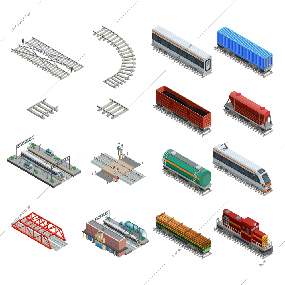 Isometric icons set of different train station elements like rails railway carriage locomotive and others isolated vector illustration