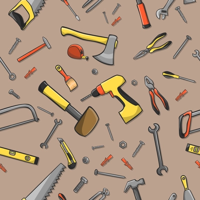 Home construction tools on a seamless brown pattern background vector illustration