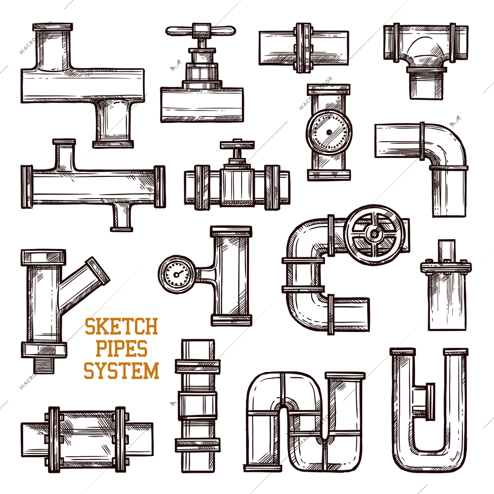 Sketch different parts of pipes system isolated on white background doodle vector illustration