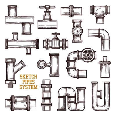 Sketch different parts of pipes system isolated on white background doodle vector illustration