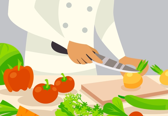 Cook profession background with cutting vegetables design flat vector illustration