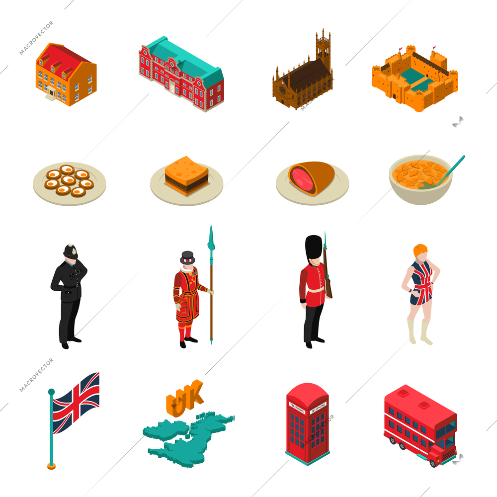 Colorful great britain isometric touristic set with british national cuisine architecture characters and symbols isolated on white background vector illustration