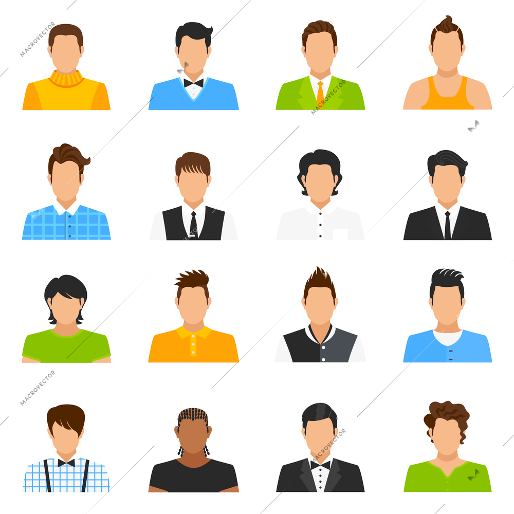 Man avatar icons set with hairstyle and clothes flat isolated vector illustration