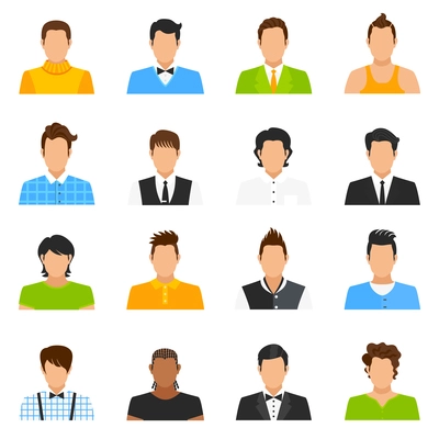 Man avatar icons set with hairstyle and clothes flat isolated vector illustration