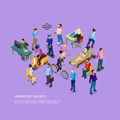 Isometric people society with group of male and female using different kinds of transport and electronic devices vector illustration