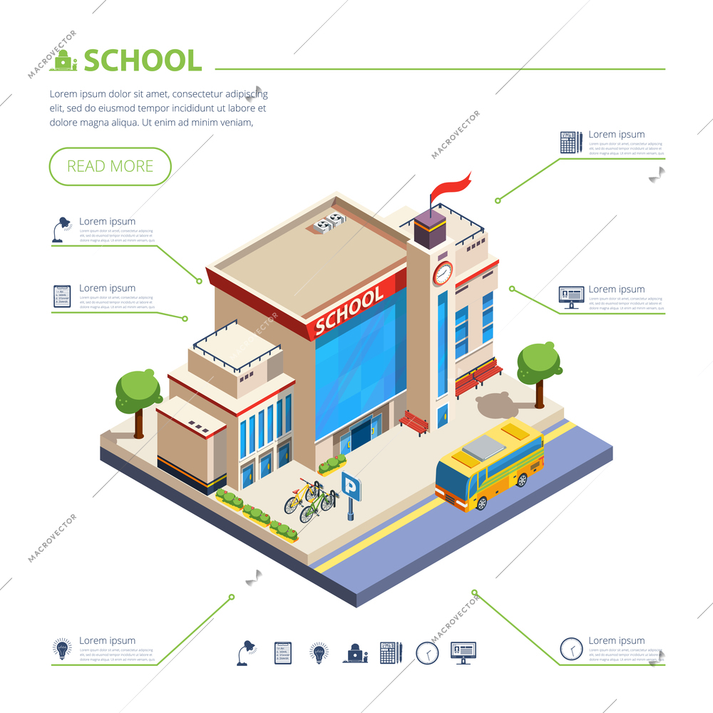 School building design with school bus and yard isometric vector illustration