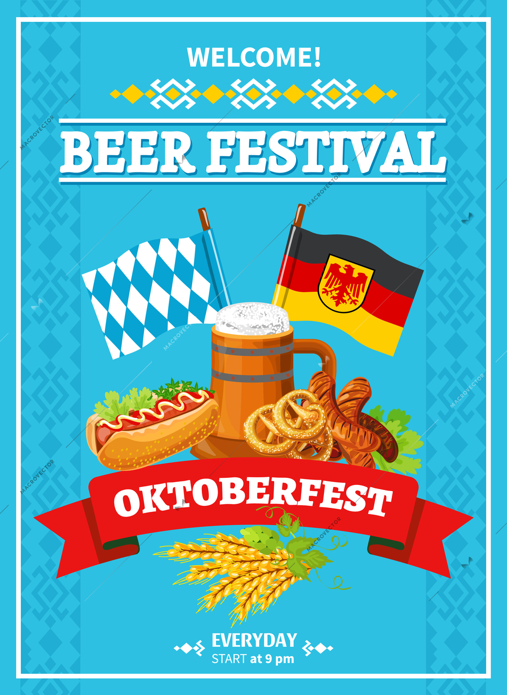 German annual oktoberfest beer festival invitation flat poster with flags beer and snacks abstract vector illustration
