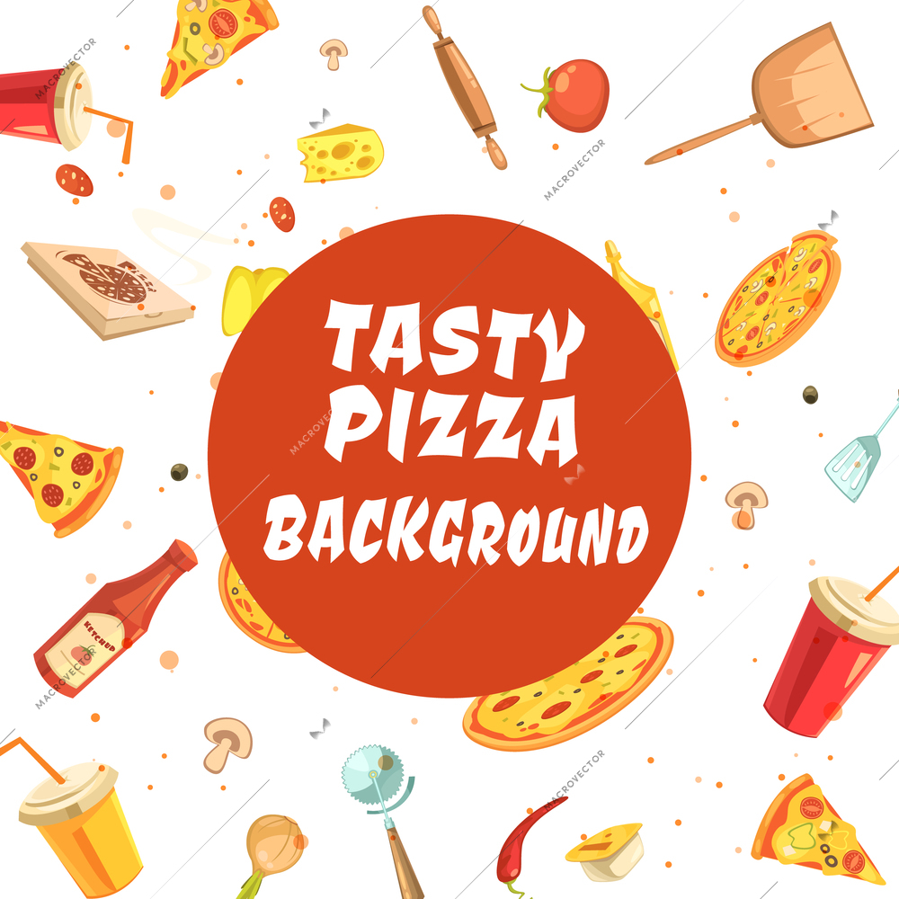 Pizza making set seamless pattern with white inscription tasty pizza background on red round in center vector illustration