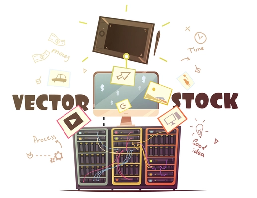 Business strategies for successful and profitable vector microstock contribution with money and time symbols retro cartoon illustration