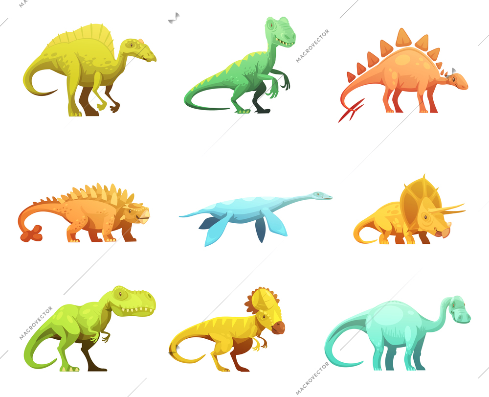 Funny retro style dinosaurus cartoon characters figures of largest prehistoric animals collection abstract isolated vector illustration